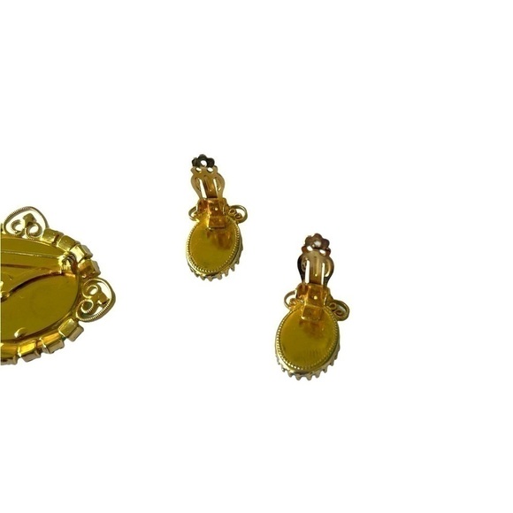 Vintage Brooch and Clip Earrings Set Green and Aqua Rhinestone rare 1960s - Picture 4 of 13
